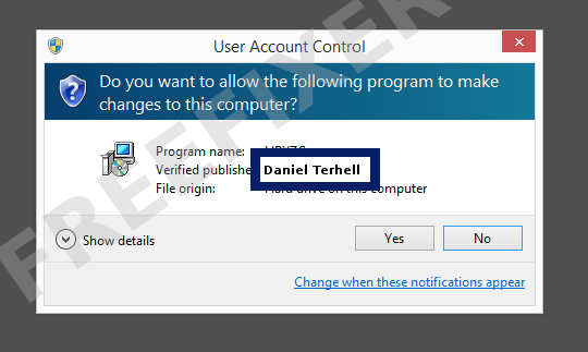 Screenshot where Daniel Terhell appears as the verified publisher in the UAC dialog